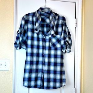 Vince Blue Gray Plaid Cotton Shirt Blouse Adj Sleeves Size S